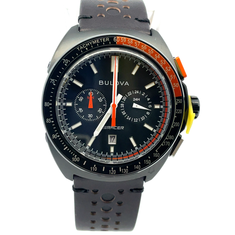 BULOVA 42MM BULOVA RACING CHRONOGRAPH; BLACK DIAL; BLACK/ORANGE BEZEL; BLACK LEATHER STRAP; BLACK STAINLESS